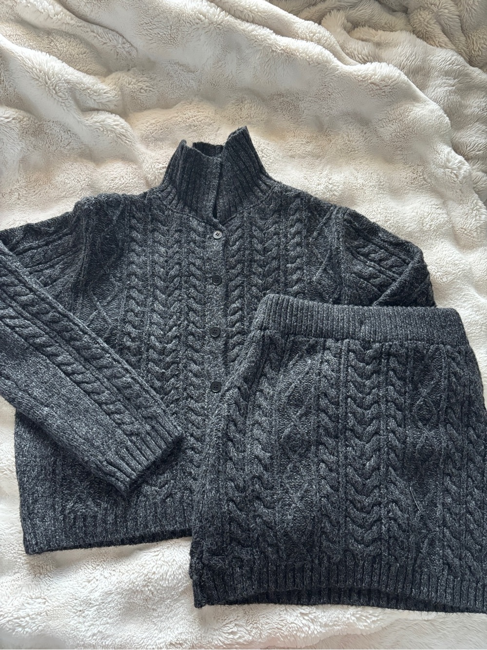 Charcoal Cable Knit Cardigan and Skirt Set